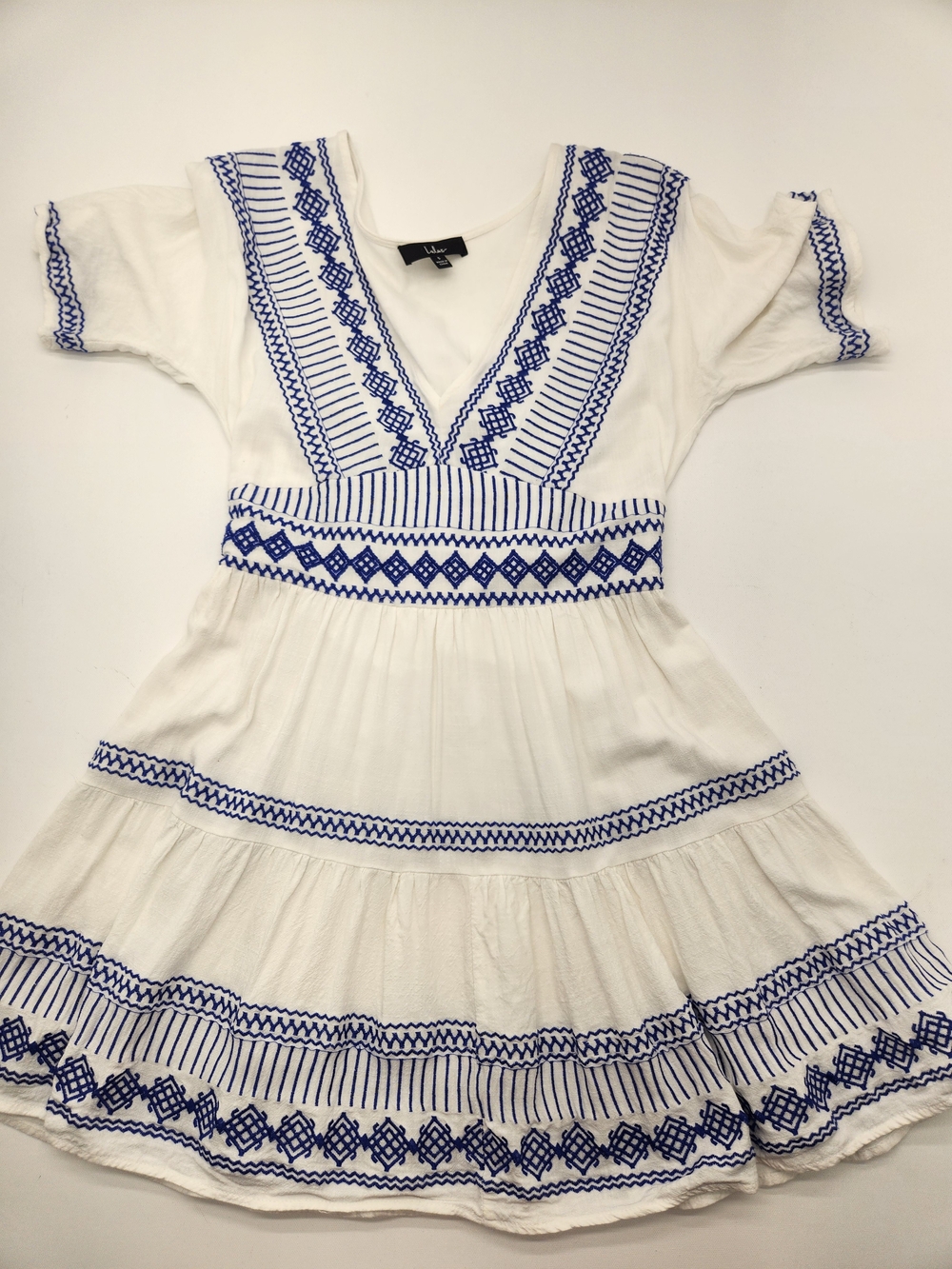 Lulus White Blue Embroidered Linen Blend Mini Dress Size Small Boho